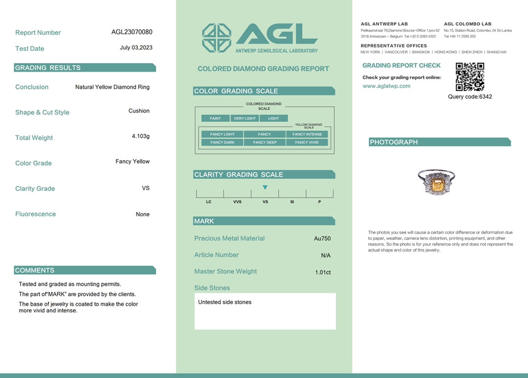 18K Yellow Gold Diamond Cushion-Cut Straight Arm Ring with AGL Certificate | Premium Jewelry - Yellow Diamond Ring