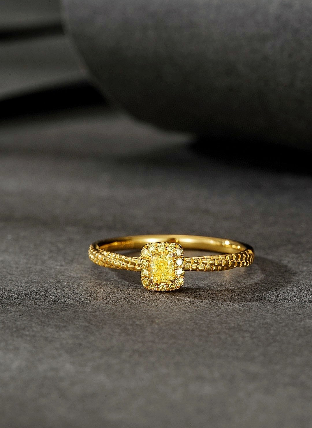 18K Yellow Gold Diamond Cushion-Cut Twisted Ring - Premium Jewelry - Yellow Diamond Ring