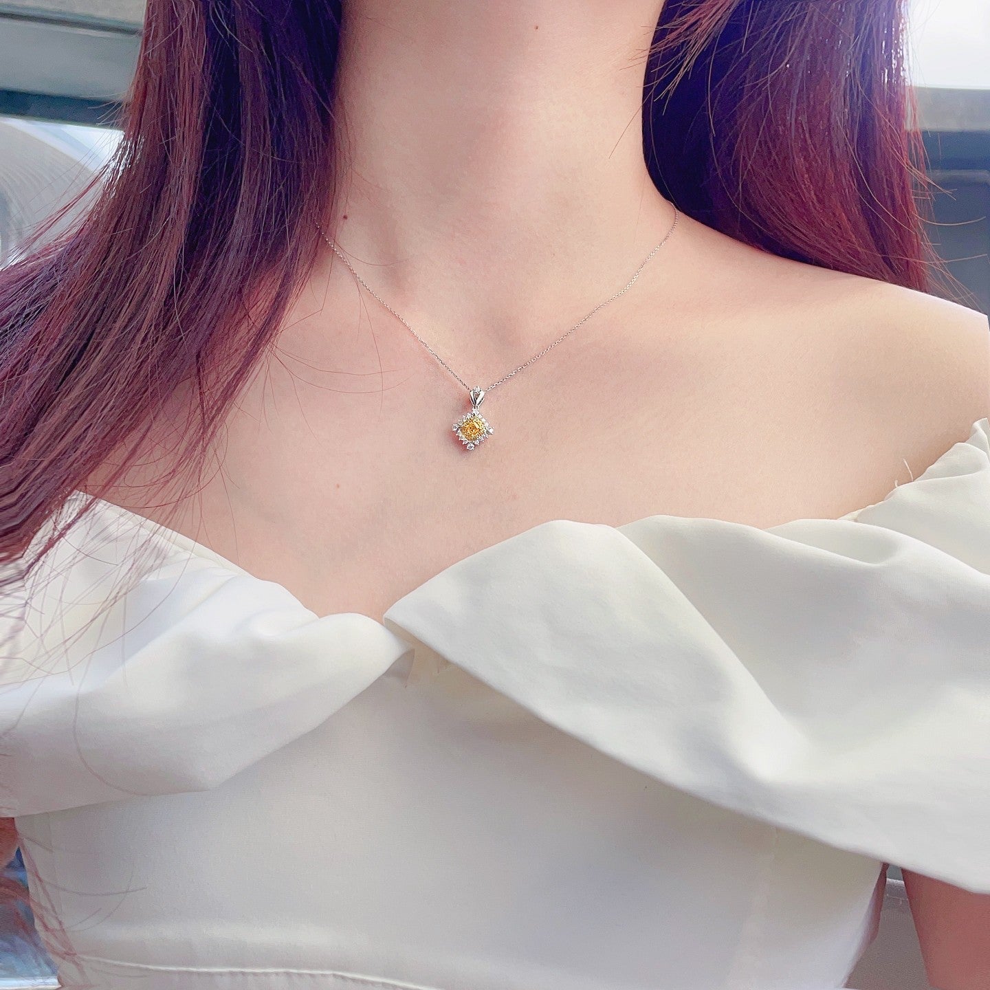 18K Yellow Gold Diamond Cushion Halo Necklace - Elegant Jewelry Piece - Yellow Diamond Necklace