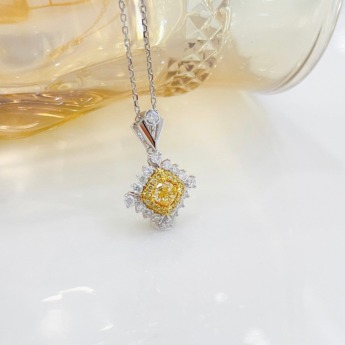 18K Yellow Gold Diamond Cushion Halo Necklace - Elegant Jewelry Piece - Yellow Diamond Necklace
