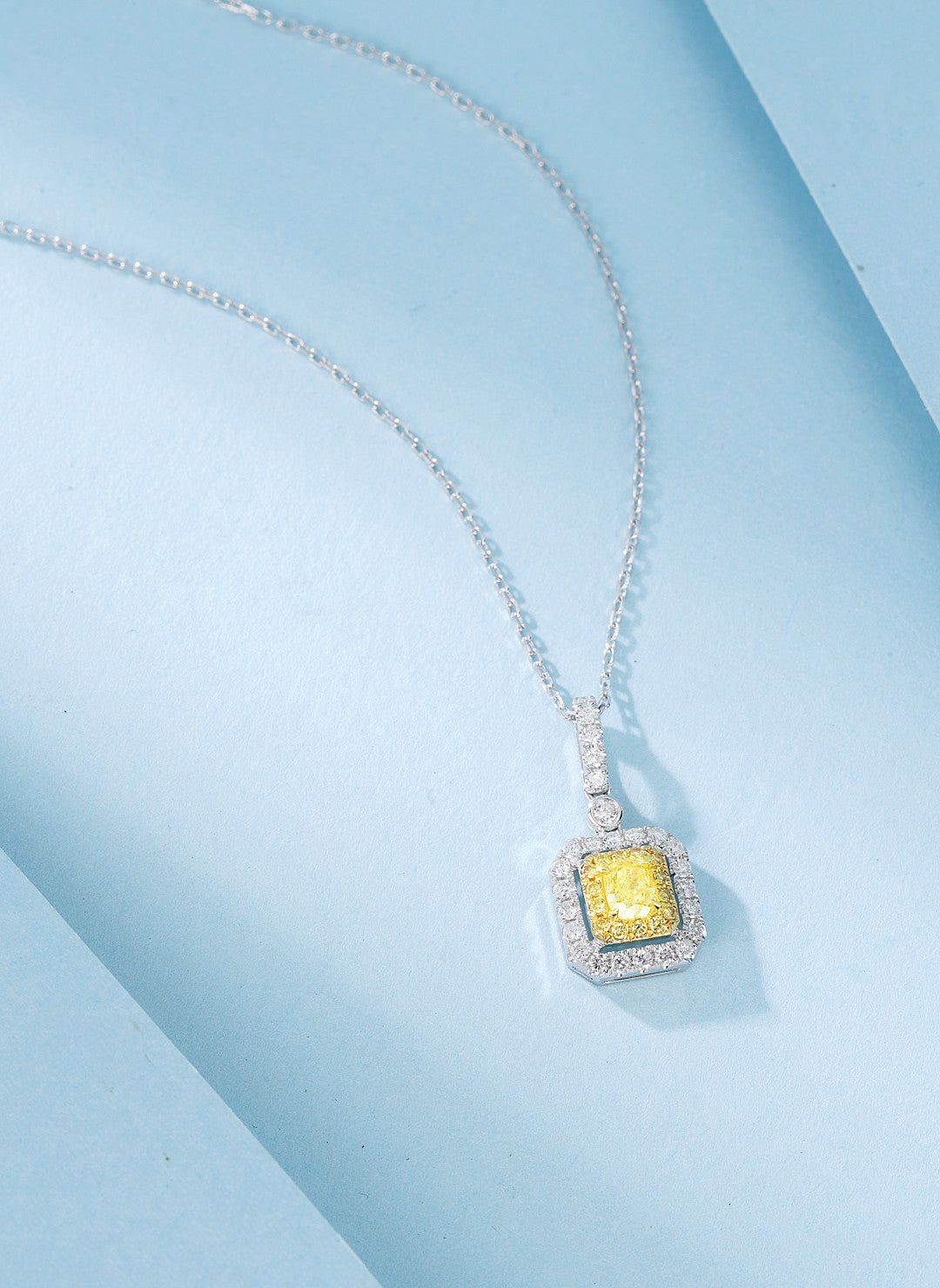 18K Yellow Gold Diamond Cushion Octagonal Hollow Pendant Necklace - Yellow Diamond Necklace