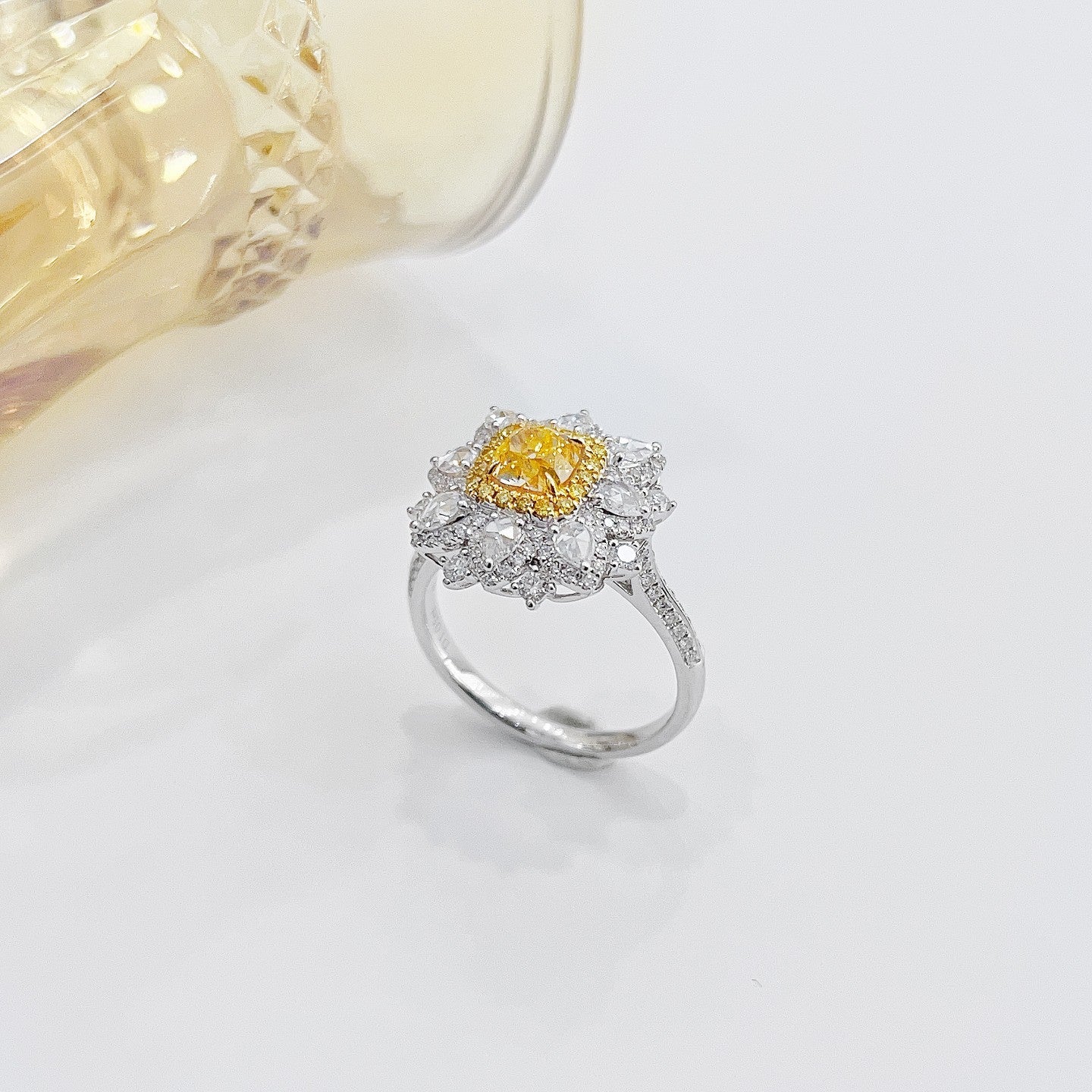 18k Yellow Gold Diamond Cushion Rose Waterdrop Flower Ring | Premium Jewelry - Yellow Diamond Ring