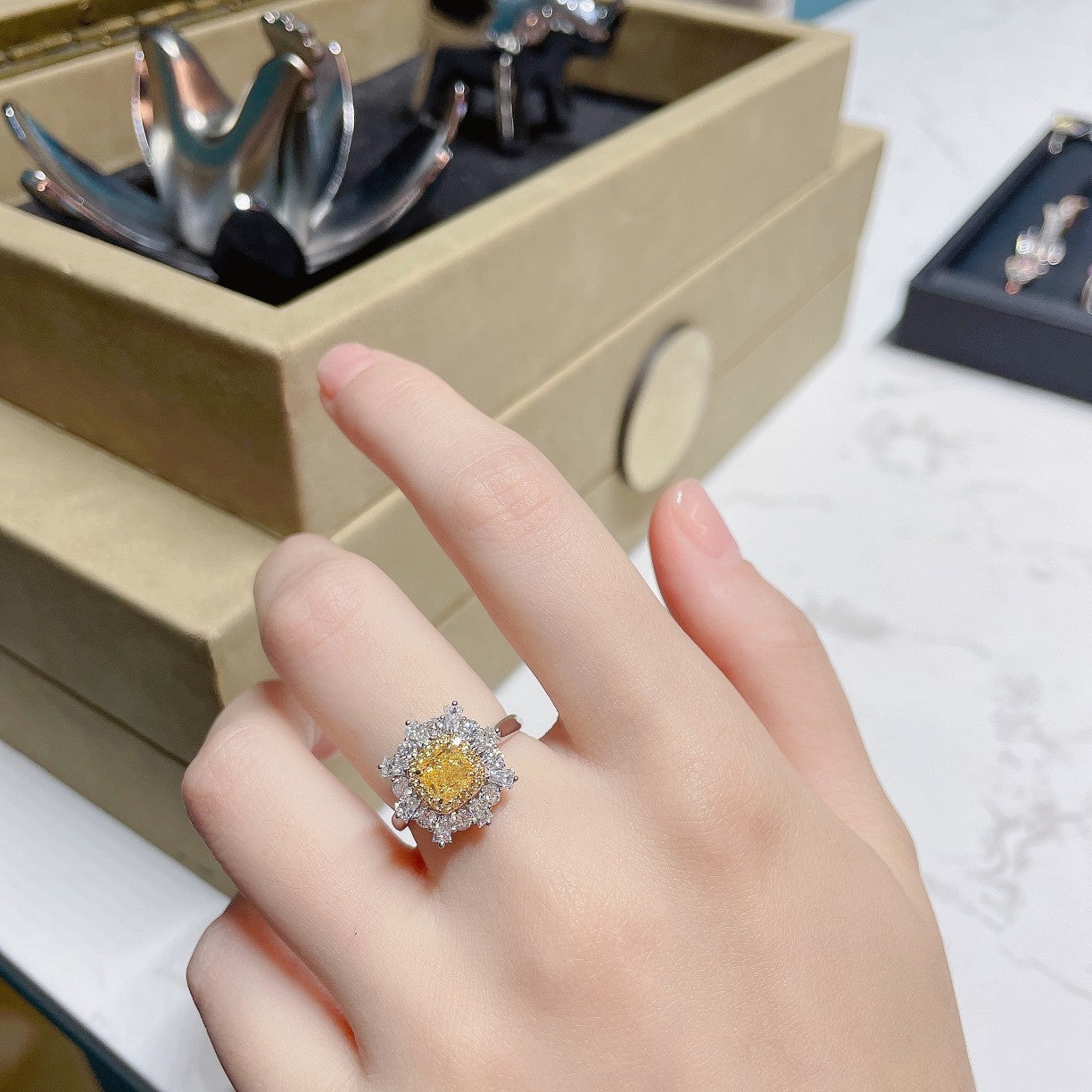 18K Yellow Gold Diamond Cushion Trapezoid Ring - Premium Jewelry - Yellow Diamond Ring