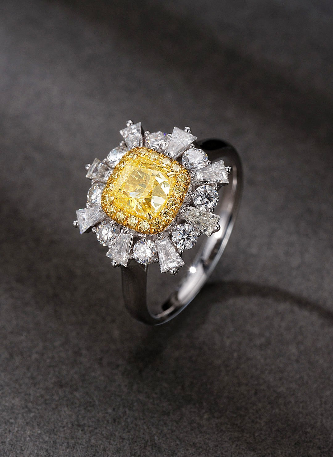 18K Yellow Gold Diamond Cushion Trapezoid Ring - Premium Jewelry - Yellow Diamond Ring