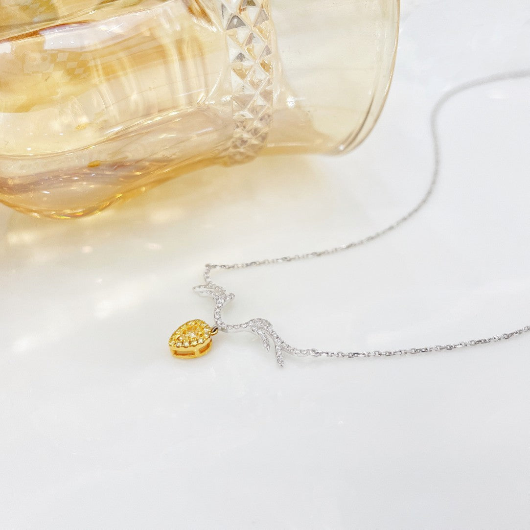 18K Yellow Gold Diamond Drop Pendant with Deer Antler Design - XL023-Y - Yellow Diamond Necklace