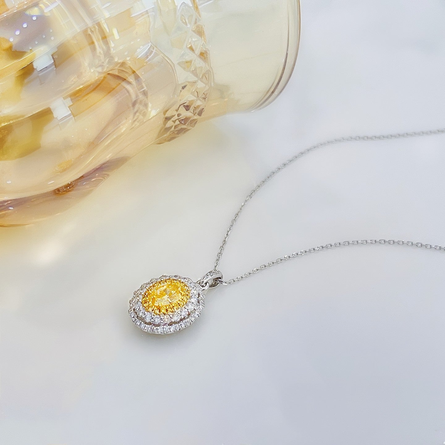 18K Yellow Gold Diamond Ellipse Pendant Necklace with Surrounding Stones - Yellow Diamond Necklace