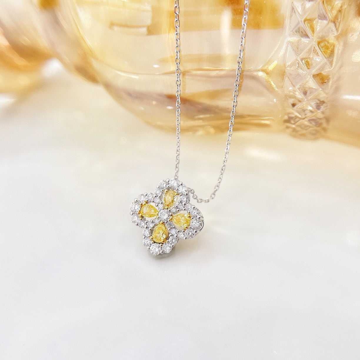 18K Yellow Gold Diamond Four-Petal Flower Necklace | Premium Jewelry - Yellow Diamond Necklace