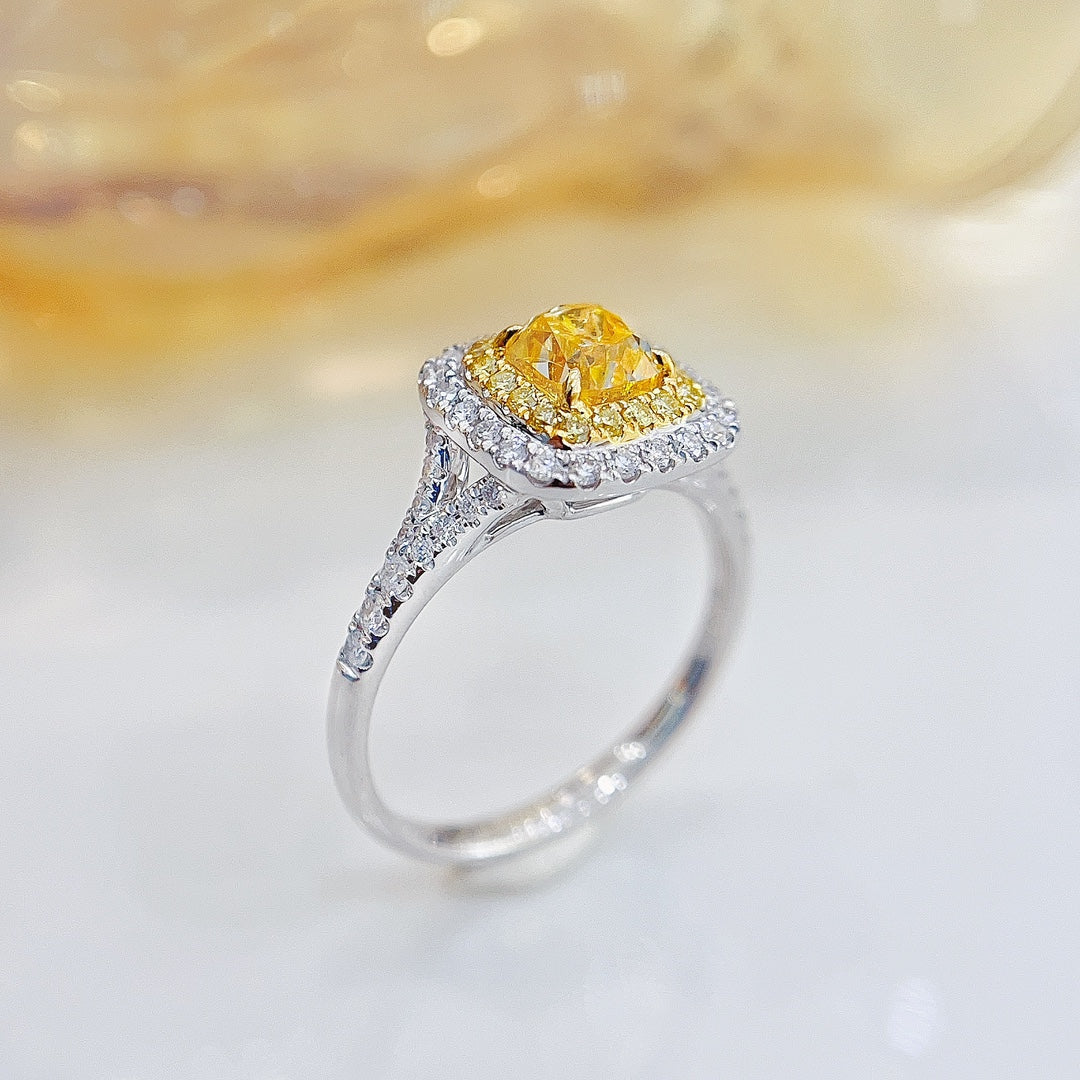 18K Yellow Gold Diamond GIA Cushion Cut Y-Arm Ring | Premium Jewelry - GIA Yellow Diamond Ring