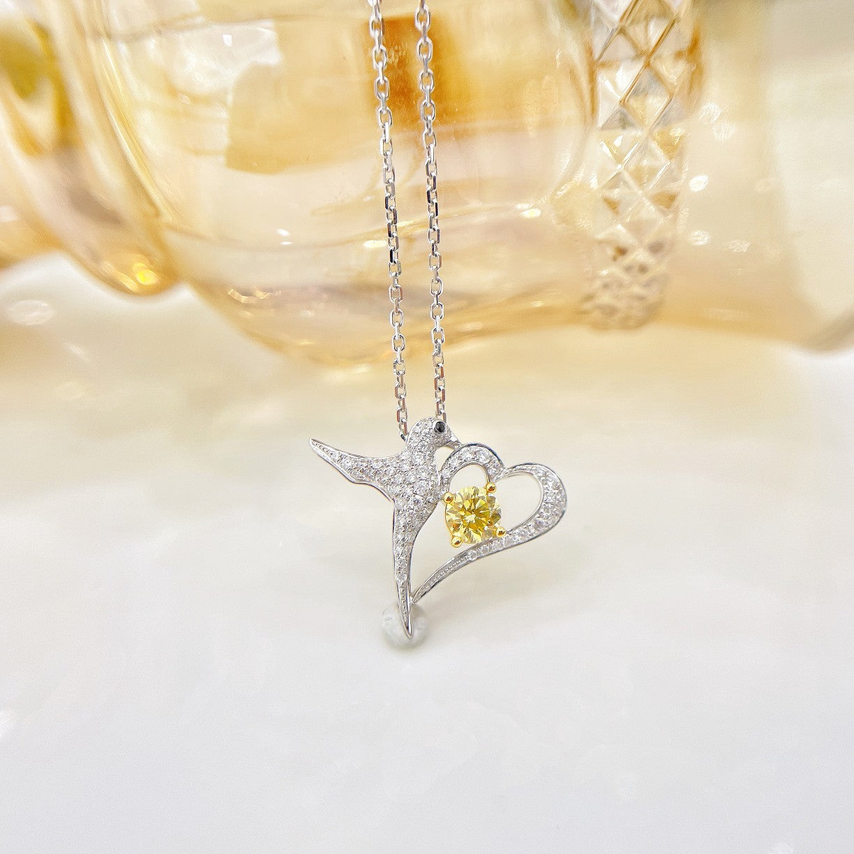 18K Yellow Gold Diamond Heart-Shaped Spring Swallow Jewelry - XL014-Y - Yellow Diamond Necklace