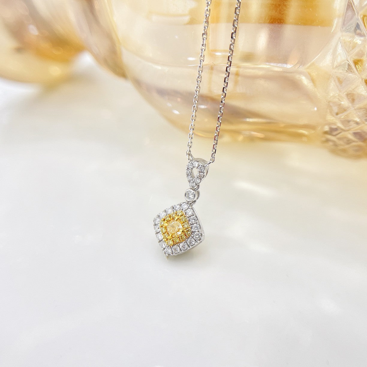 18K Yellow Gold Diamond Pillow Shape Halo Necklace - Yellow Diamond Necklace