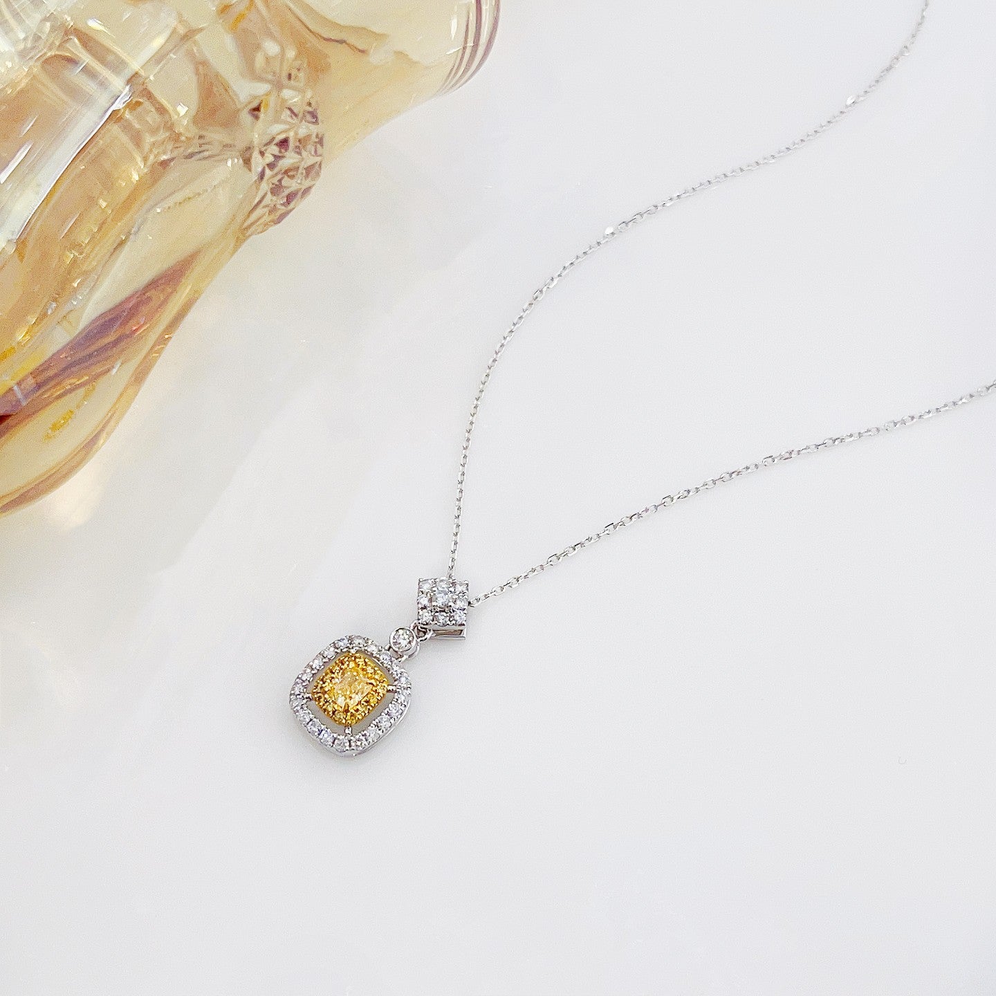 18K Yellow Gold Diamond Pillow Shape Pendant Necklace - Yellow Diamond Necklace