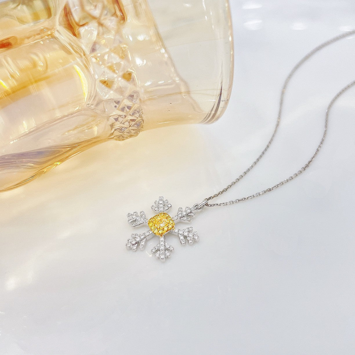 18K Yellow Gold Diamond Pillow-shaped Snowflake Necklace - Luxurious Jewelry - Yellow Diamond Necklace