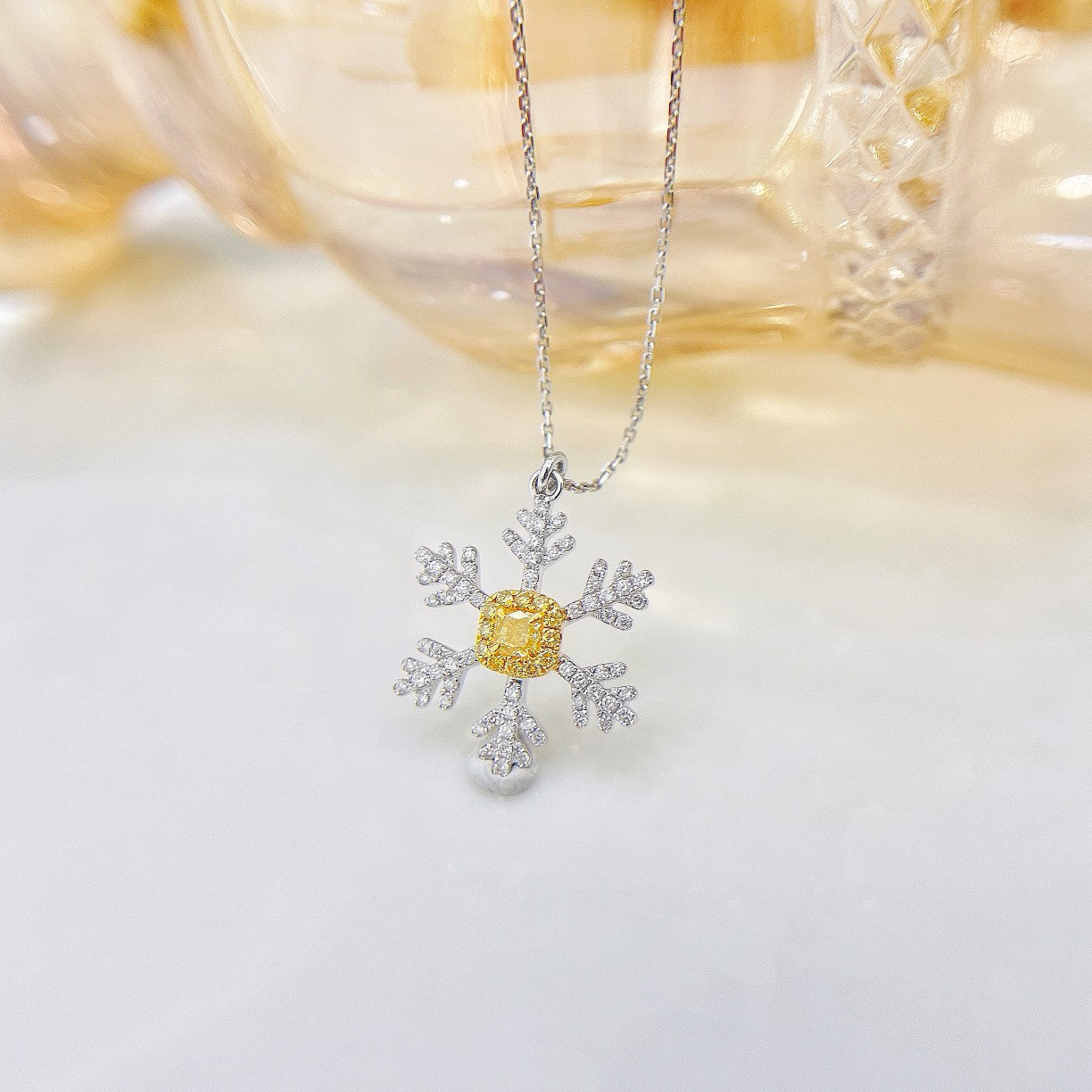 18K Yellow Gold Diamond Pillow-shaped Snowflake Necklace - Luxurious Jewelry - Yellow Diamond Necklace