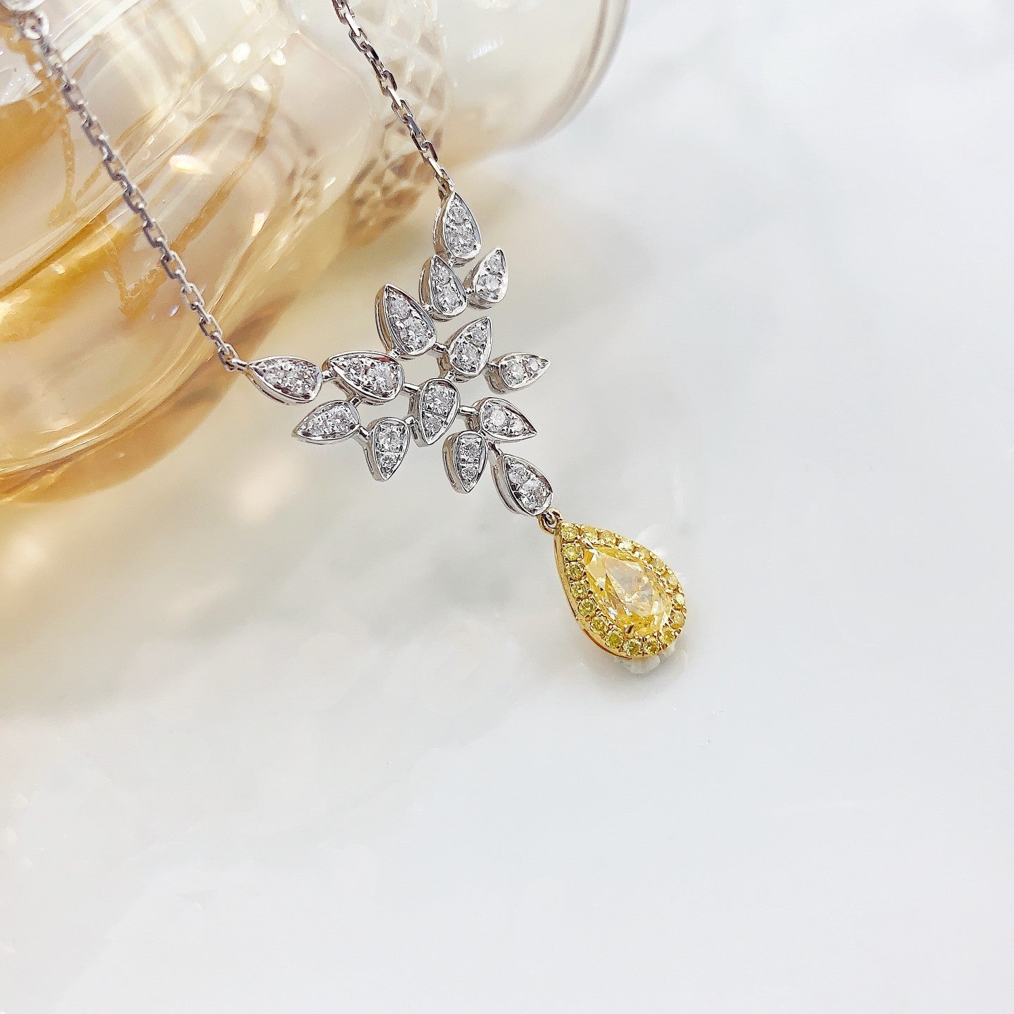 18K Yellow Gold Diamond Teardrop Peacock Bubble Necklace with AGL Certificate - Yellow Diamond Necklace
