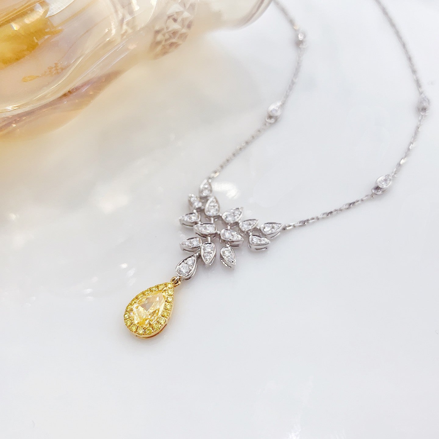 18K Yellow Gold Diamond Teardrop Peacock Bubble Necklace with AGL Certificate - Yellow Diamond Necklace