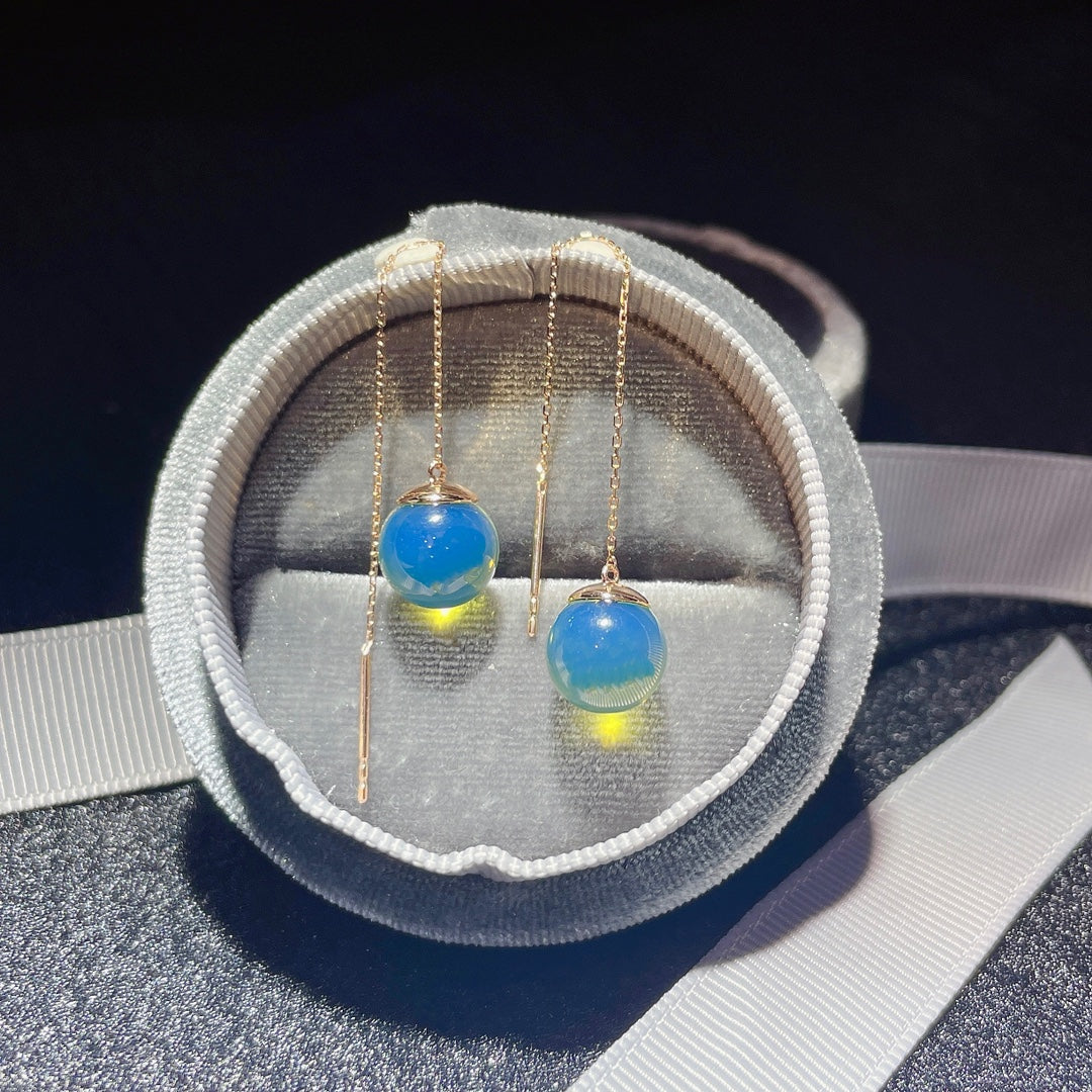 Exquisite 18K Gold Embedded Dominican Blue Amber Earrings - A Surprise of Jewelry Artistry