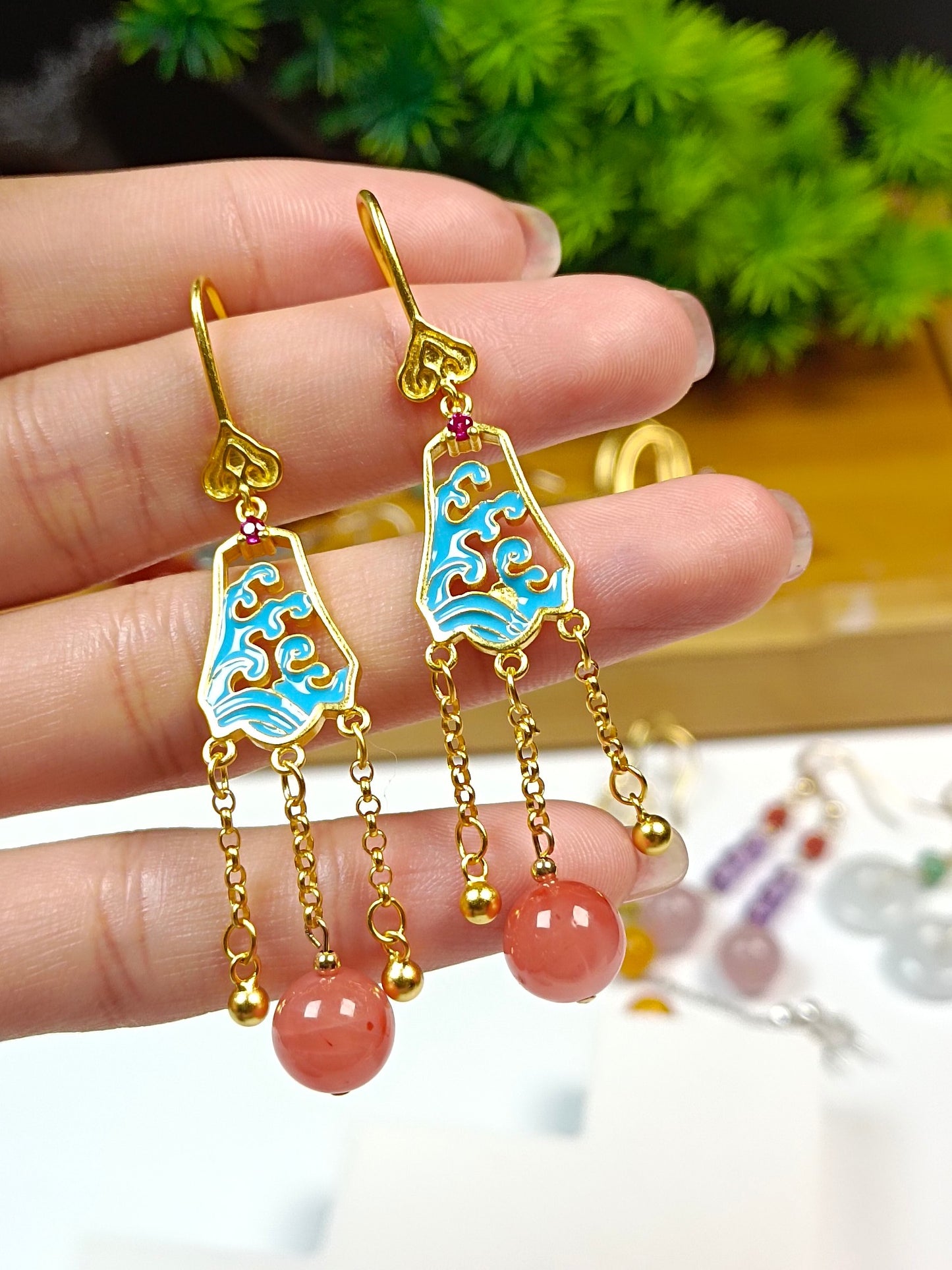Elegant Natural South Red Agate Earrings with S925 Silver and Cloisonne, Chinese Ethnic Style Jewelry