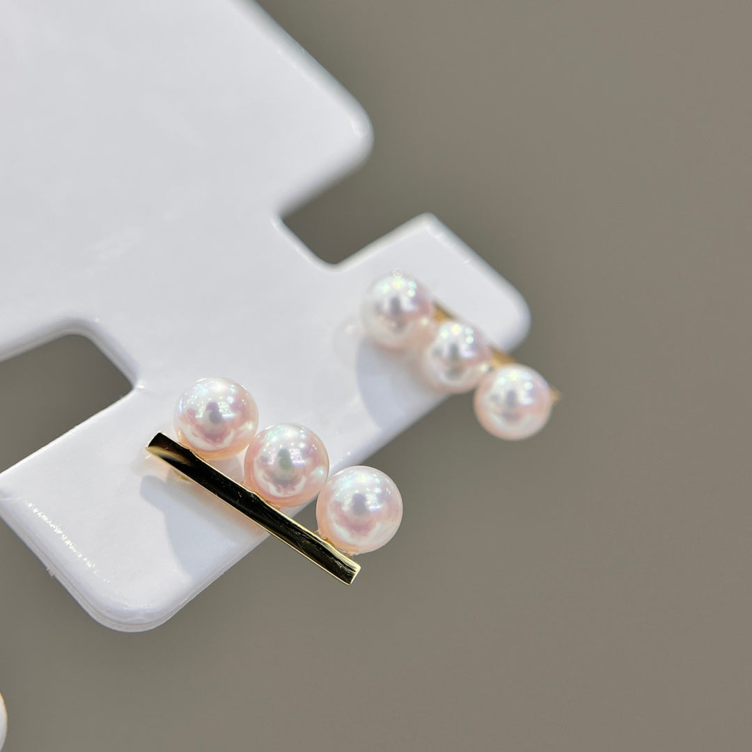Eve-inspired Earrings: Three-Pearl Single Row Line Studs in 18K Gold