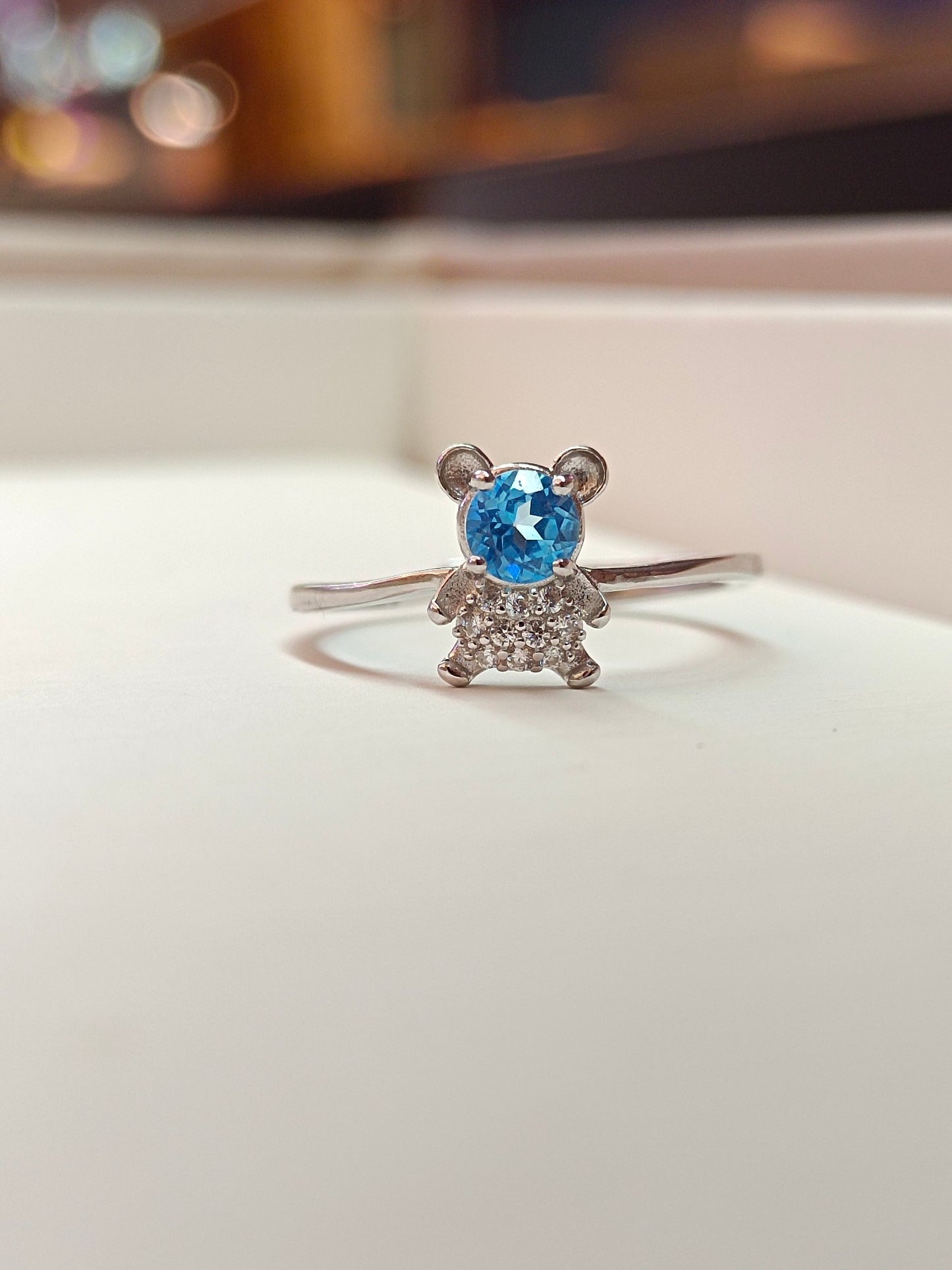 S925 Silver Embedded Sky Blue Topaz Bear Ring - Unique Minimalist Jewelry