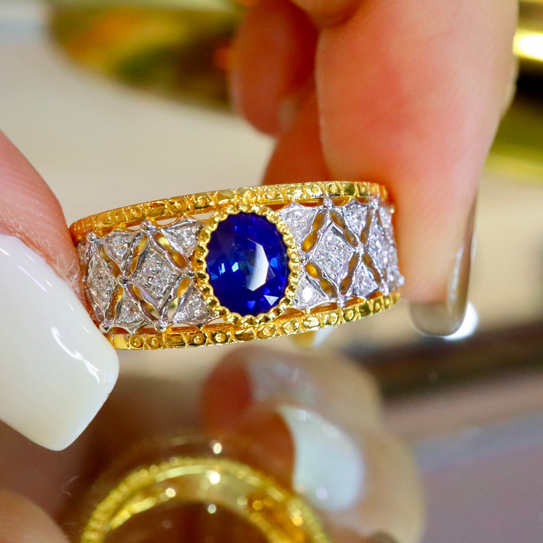 Bijuterii vintage în stil Bucherer: inel unisex cu safir albastru regal