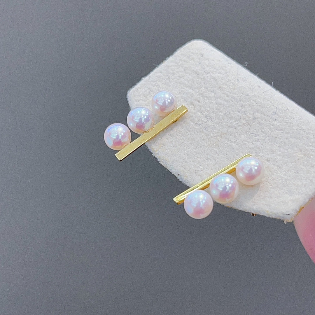 Eve-inspired Jewelry: 18K Gold Single Row Three-Pearl Earrings