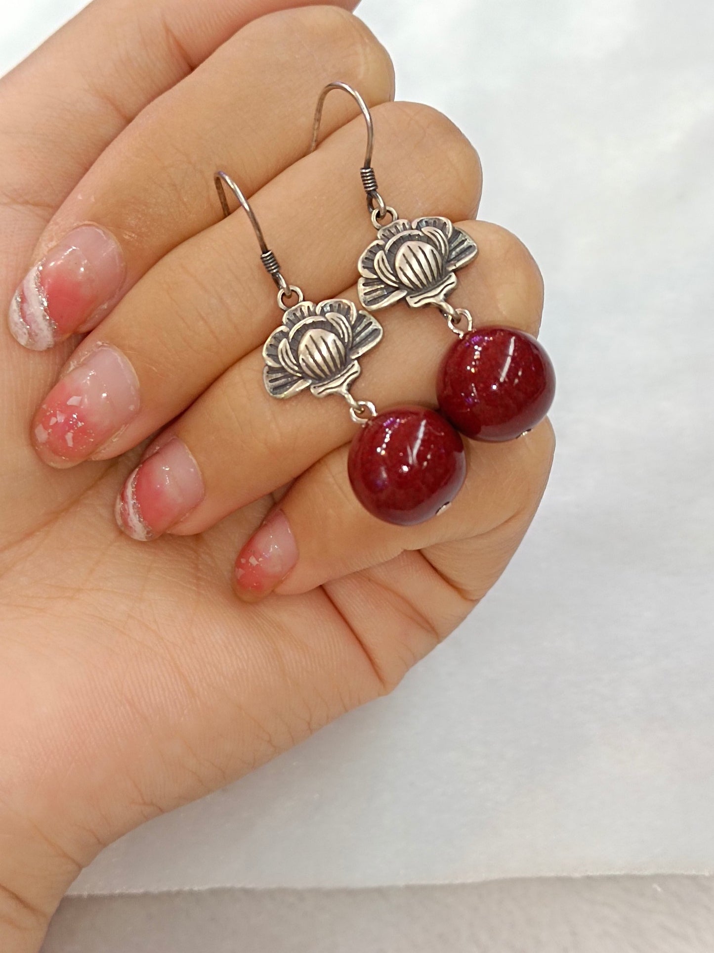 Elegant Vermilion Cinnabar S925 Silver Earrings - Minimalist Red Purple Gold Sand Bead Drops