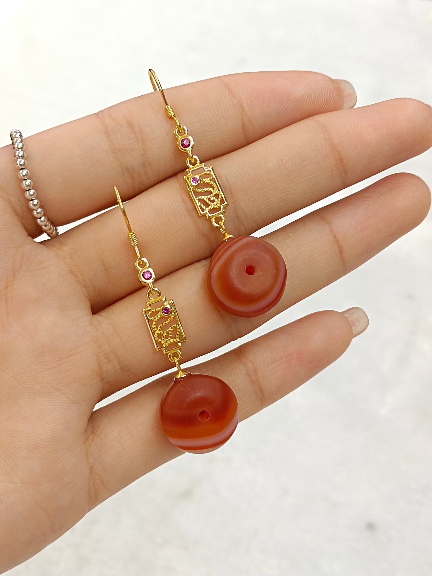 Vintage Chinese Style Classical Frosted Red Agate S925 Silver Earrings - Jewelry