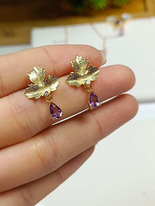 S925 Silver Embedded Purple Crystal Maple Leaf Earrings - Unique Jewelry
