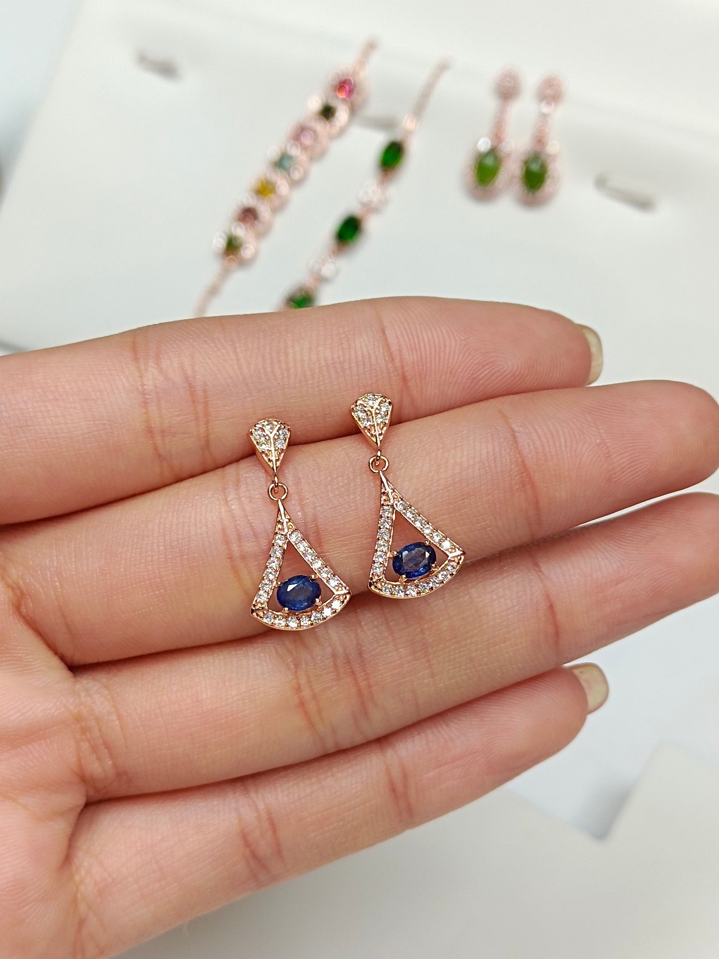 S925 Silver Fan-Shaped Sapphire Embedded Earrings - Elegant Jewelry