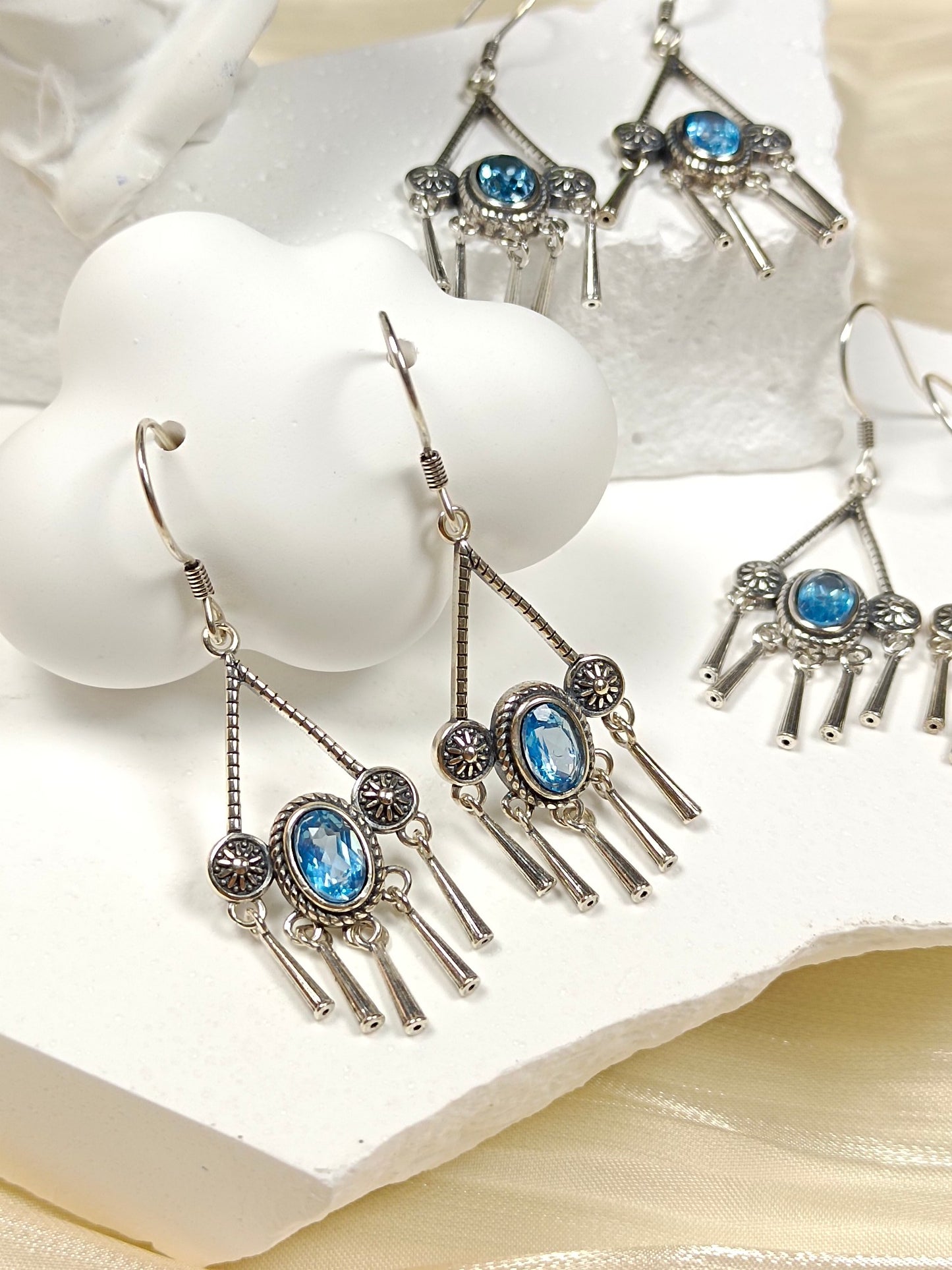 S925 Silver Embedded Topaz Tassel Earrings with Vintage Charm
