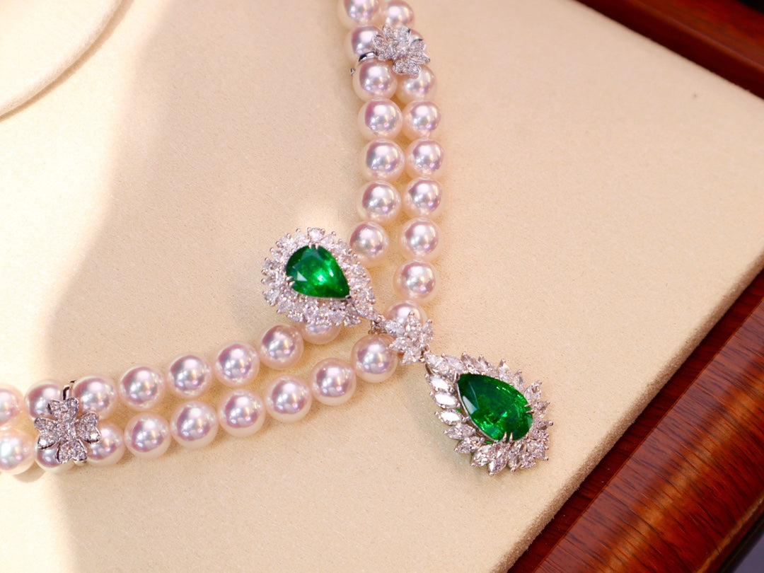 Luxury High-End Jewelry: Heavenly Pearl and Emerald Evening Dress Chain