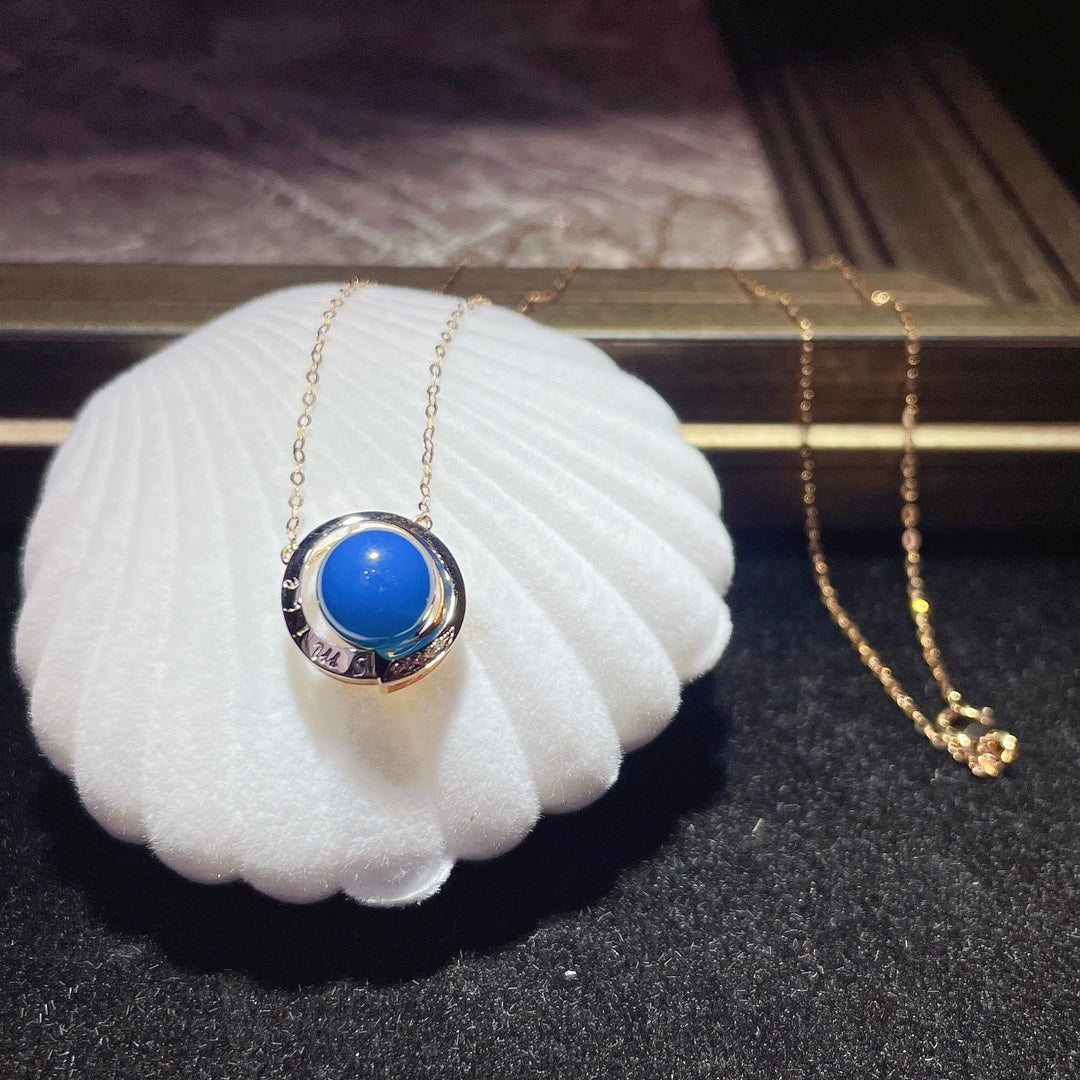 Élégant pendentif en ambre bleu dominicain intégré en or 18 carats - Bijoux uniques