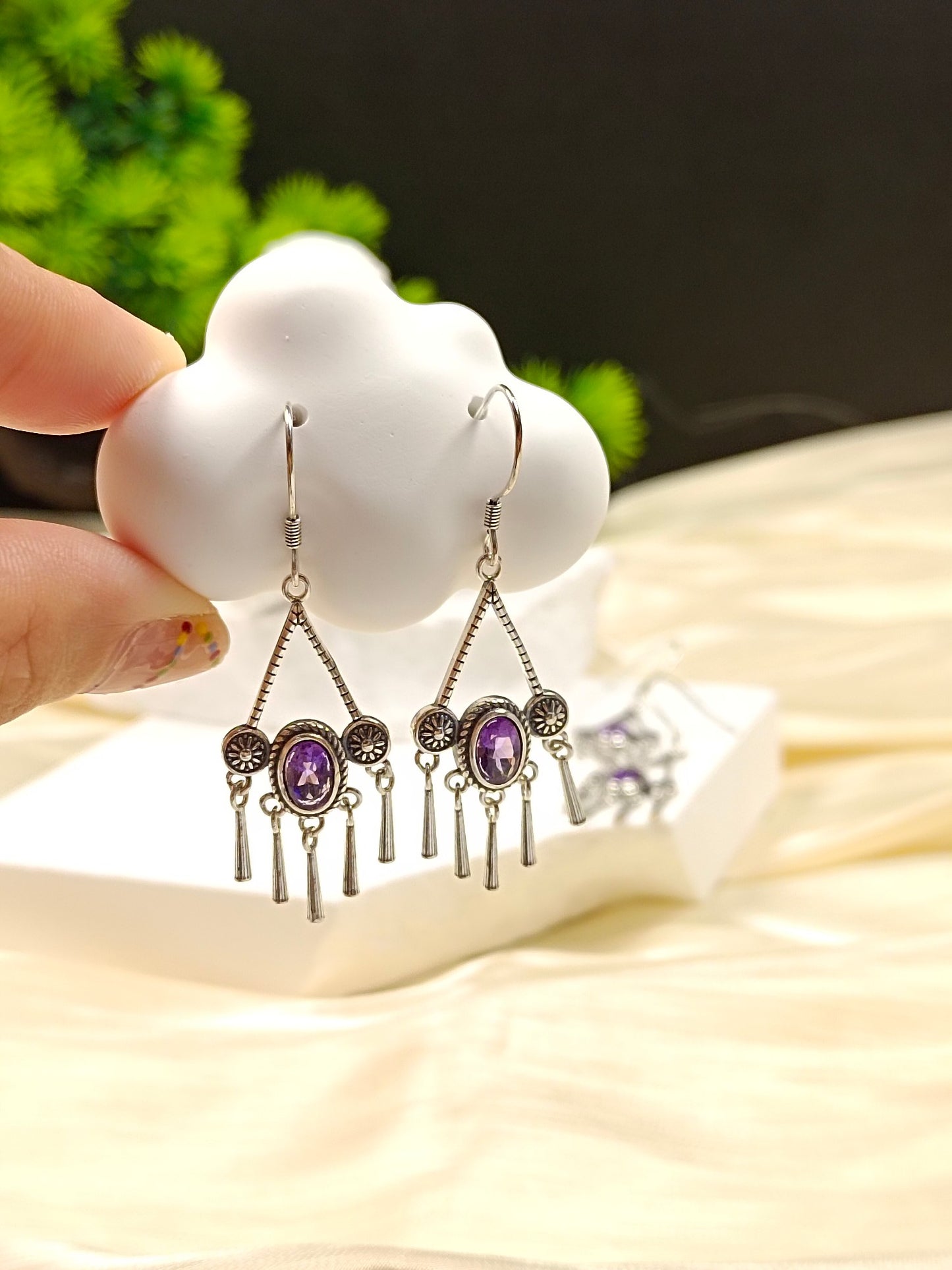S925 Silver Embedded Amethyst Tassel Earrings - Vintage Style Jewelry