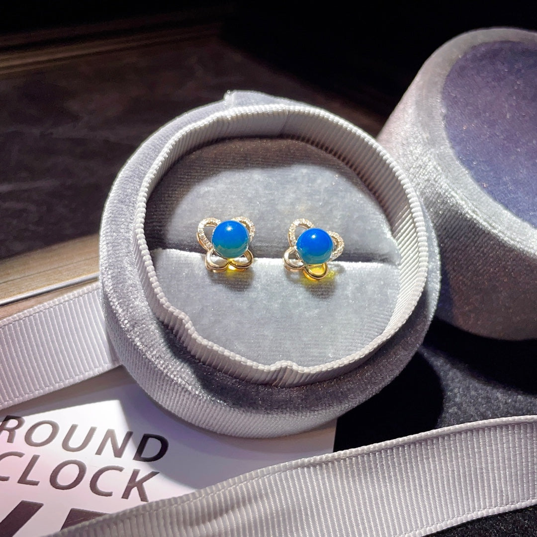 精美 18K 金嵌入式多米尼加蓝琥珀耳环 - 珠宝之乐
