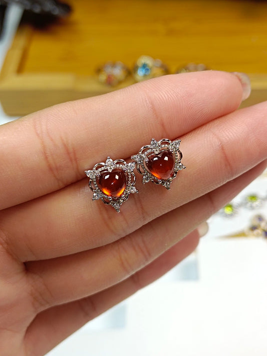 S925 Silver Embedded Fanta Orange Red Heart-shaped Earrings - Fashion Jewelry