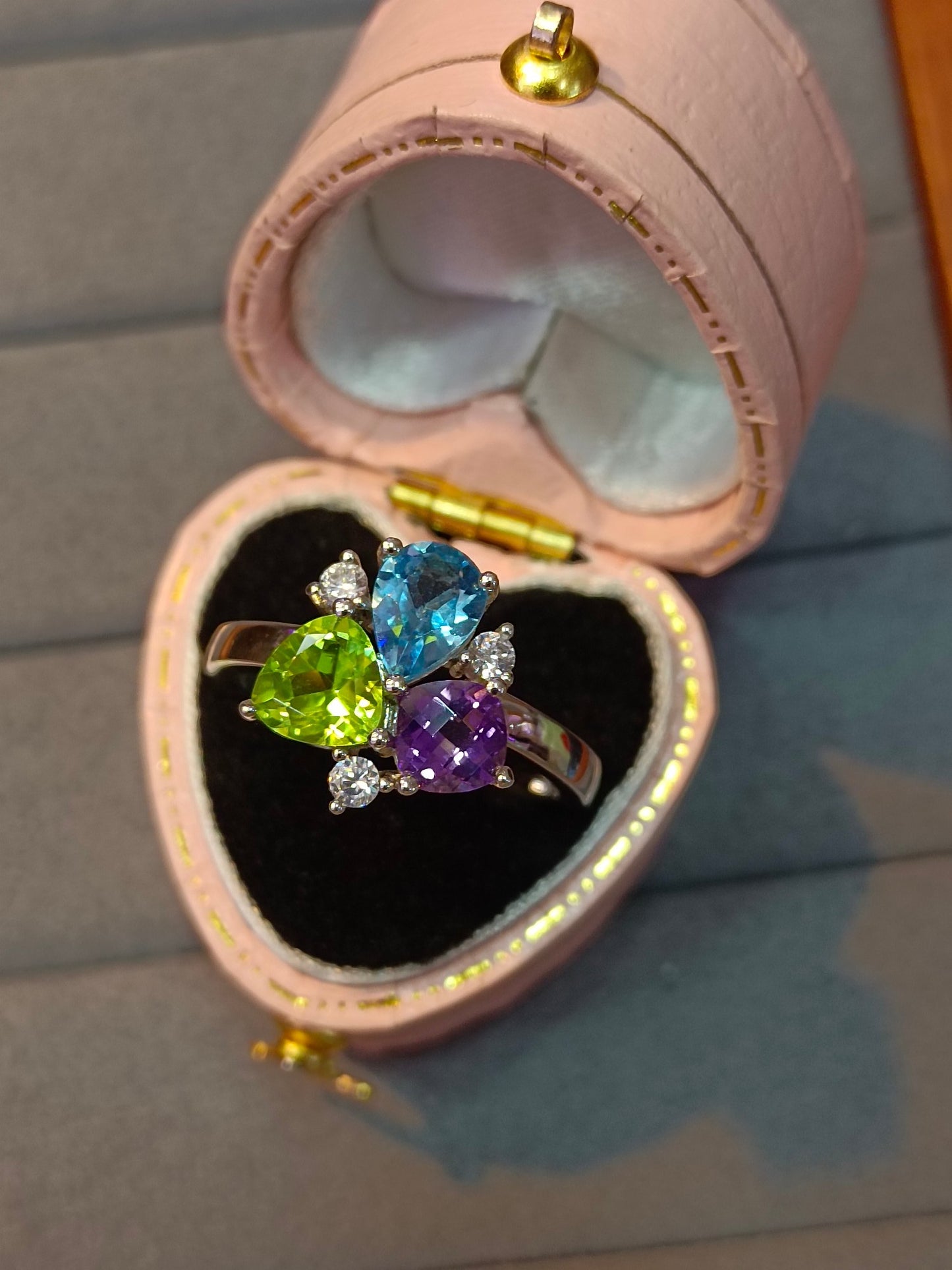 S925 Sterlingsølv fine smykker med multi-perle-innstøping - Ametyst, Topaz, Peridot Ring