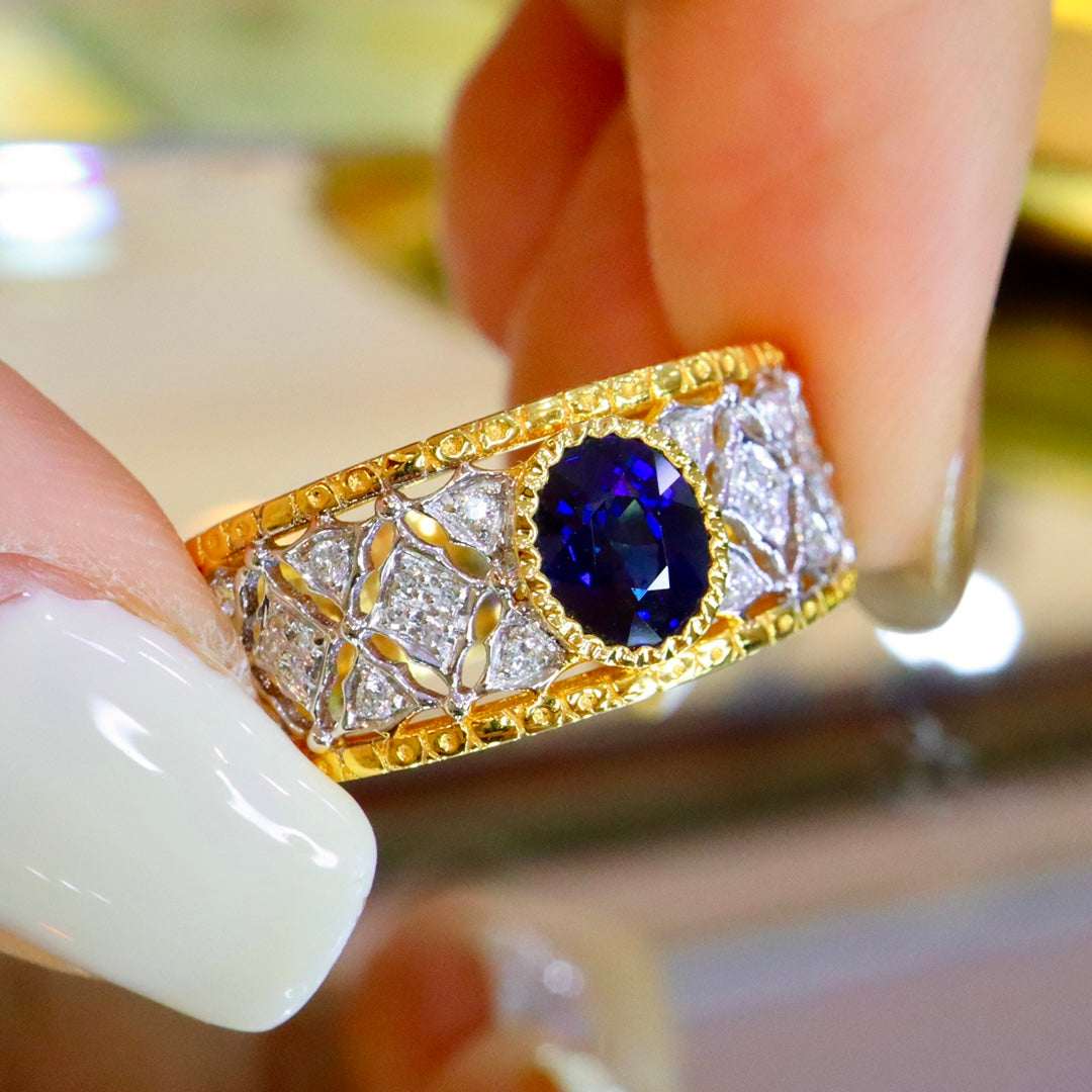 Bijuterii vintage în stil Bucherer: inel unisex cu safir albastru regal