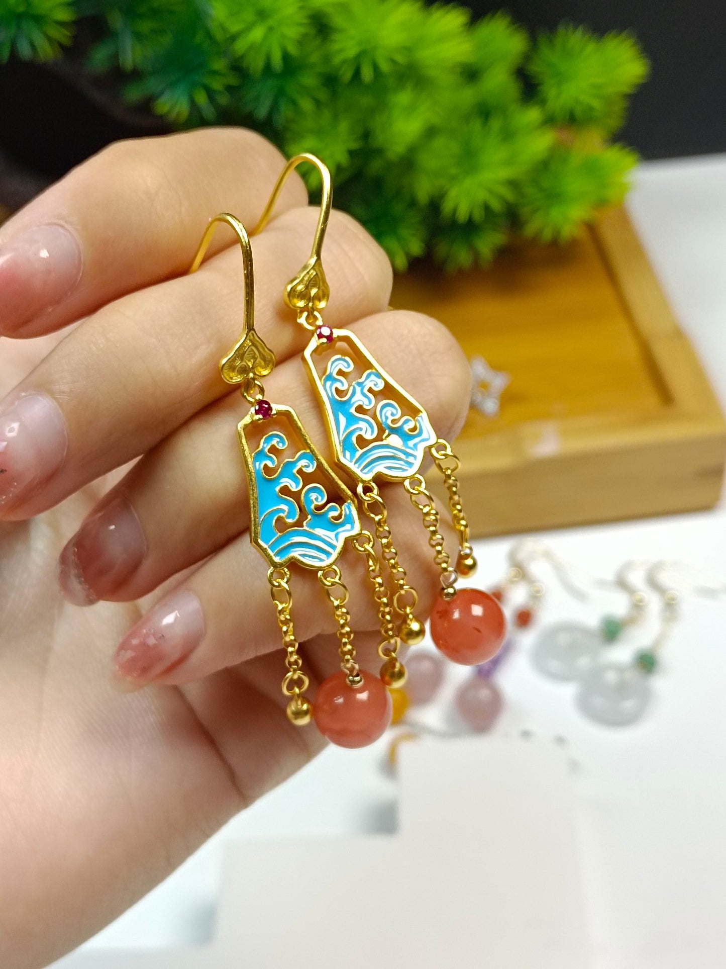 Elegant Natural South Red Agate Earrings with S925 Silver and Cloisonne, Chinese Ethnic Style Jewelry