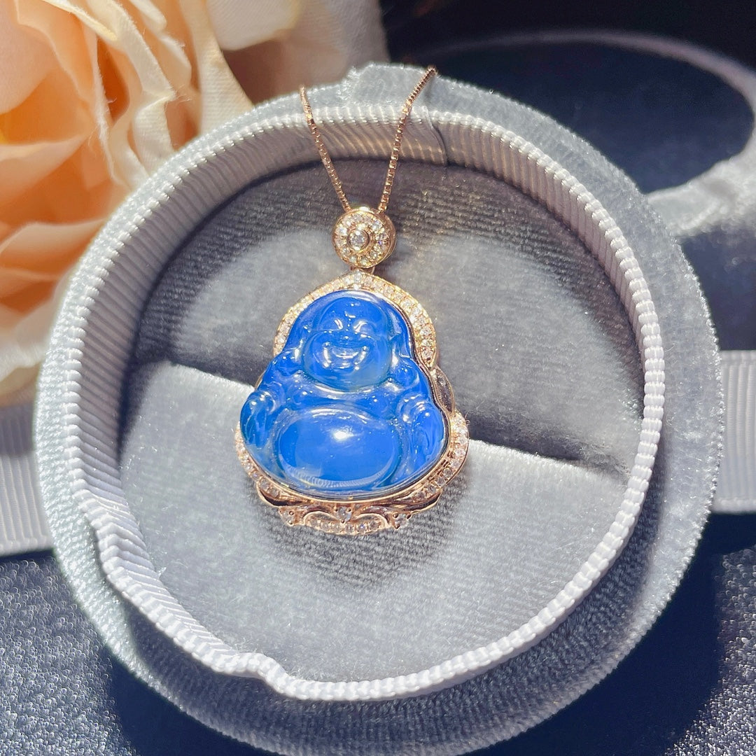 Nouveauté : Pendentif « Bouddha » en or 18 carats incrusté d'ambre bleu dominicain - Bijoux