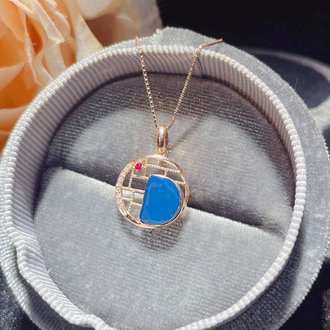 Exquis pendentif en ambre bleu dominicain intégré en or 18 carats - Bijoux uniques