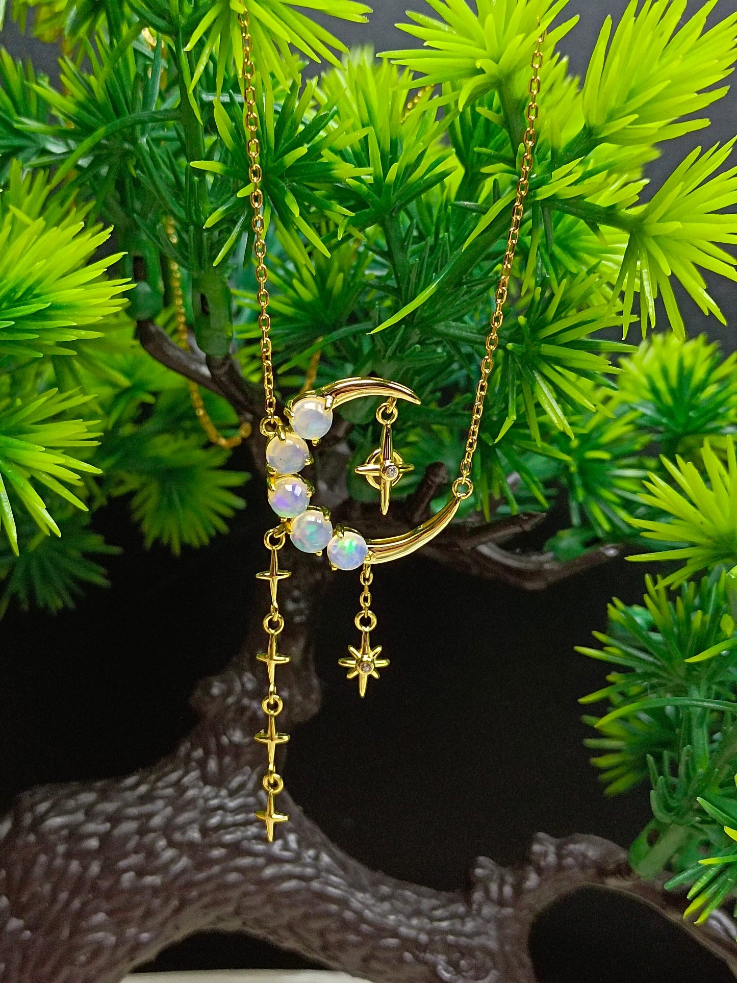 Exquisite S925 Sterling Silver Opal Star & Moon Jewelry Set with 18K Technique