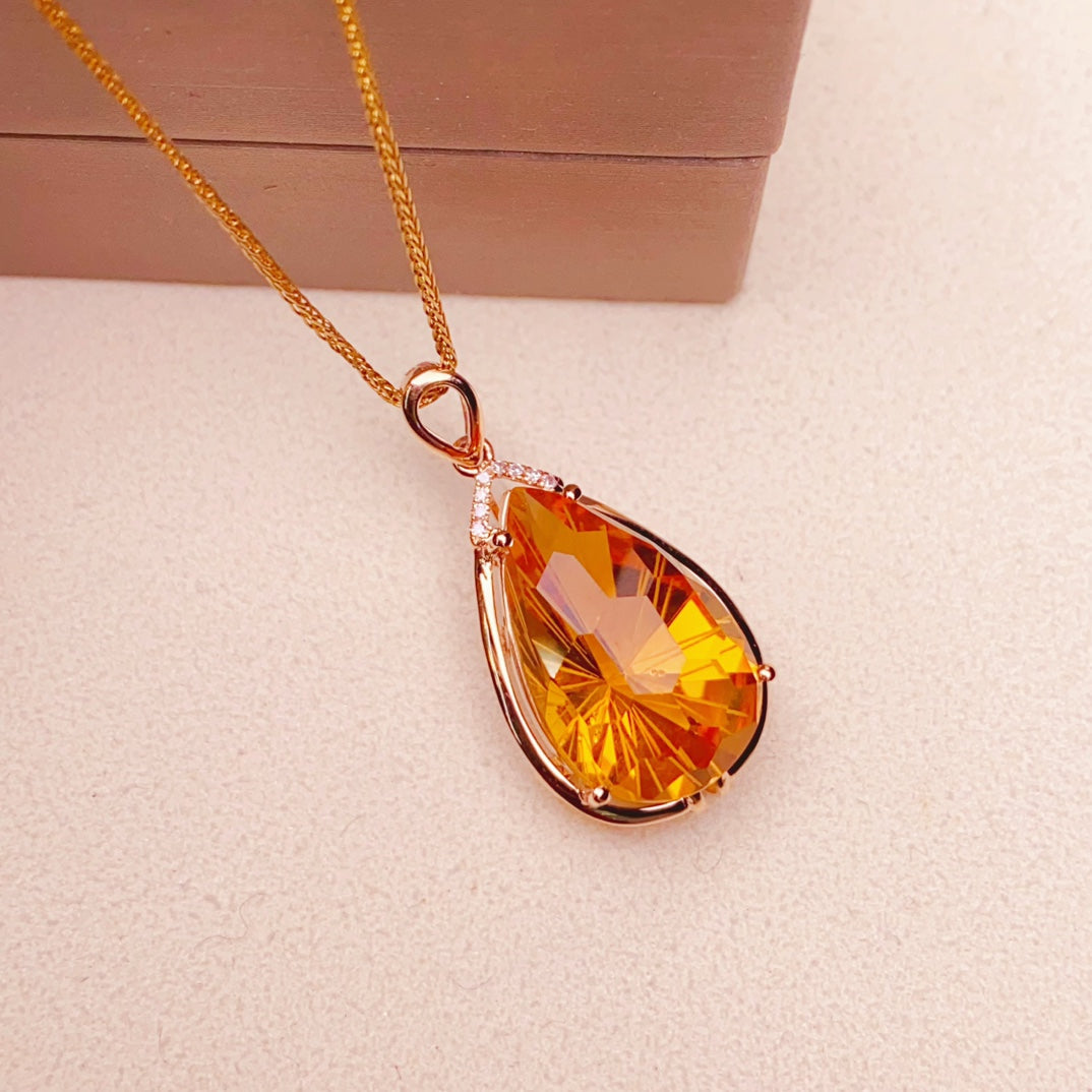 Radiant Sun-Like Charm: 18k Gold Embedded Yellow Citrine Pendant Jewelry