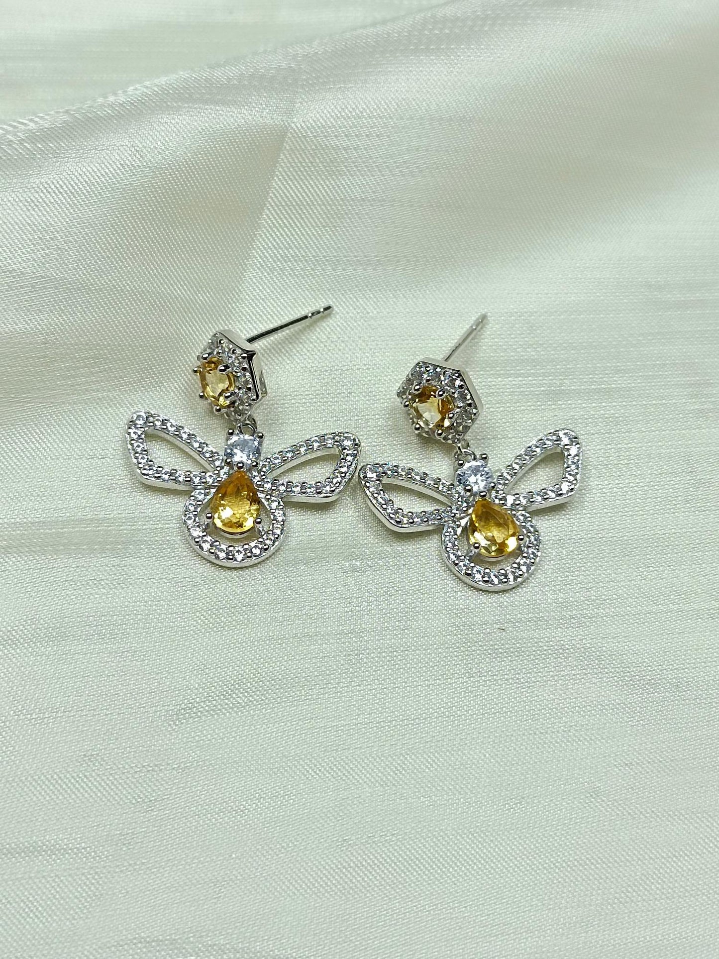 S925 Sterling Silver Embellished Yellow Crystal Bee Earrings - Fashion Jewelry