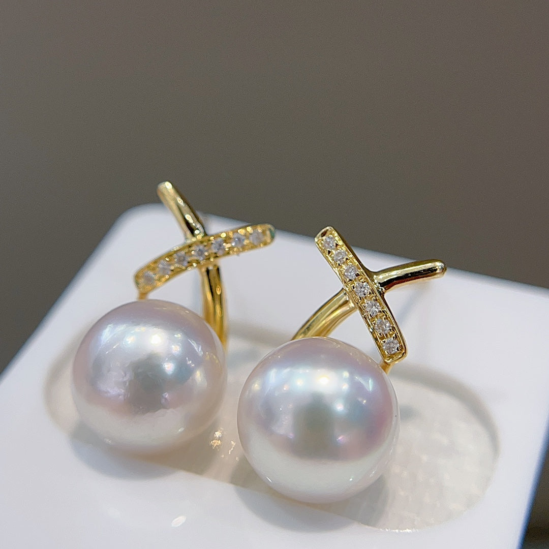 Elegant 18K guld diamant & 8-8,5 mm japanska Akoya pärlörhängen - klassiska smycken i damstil