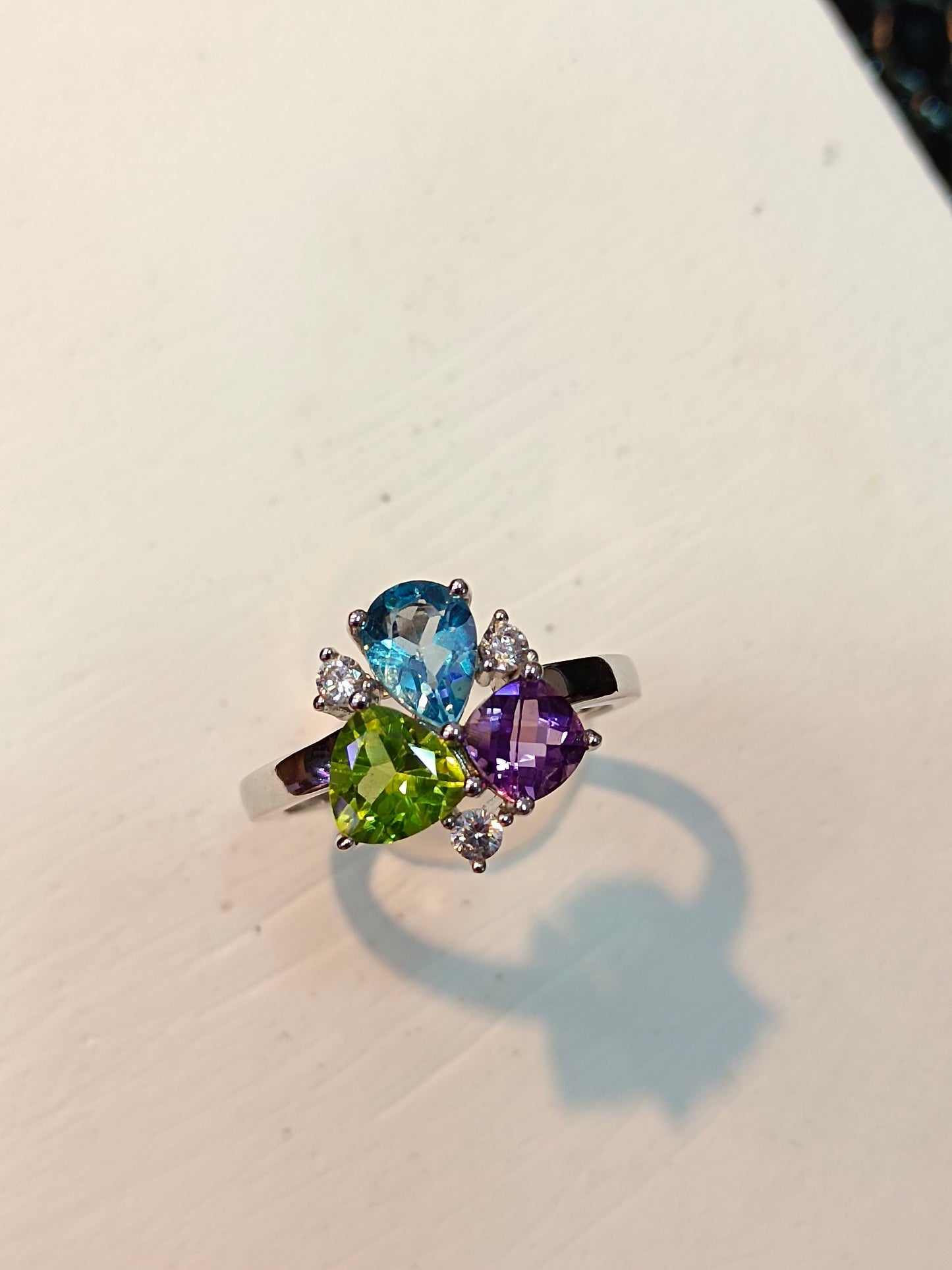 S925 Sterlingsølv fine smykker med multi-perle-innstøping - Ametyst, Topaz, Peridot Ring