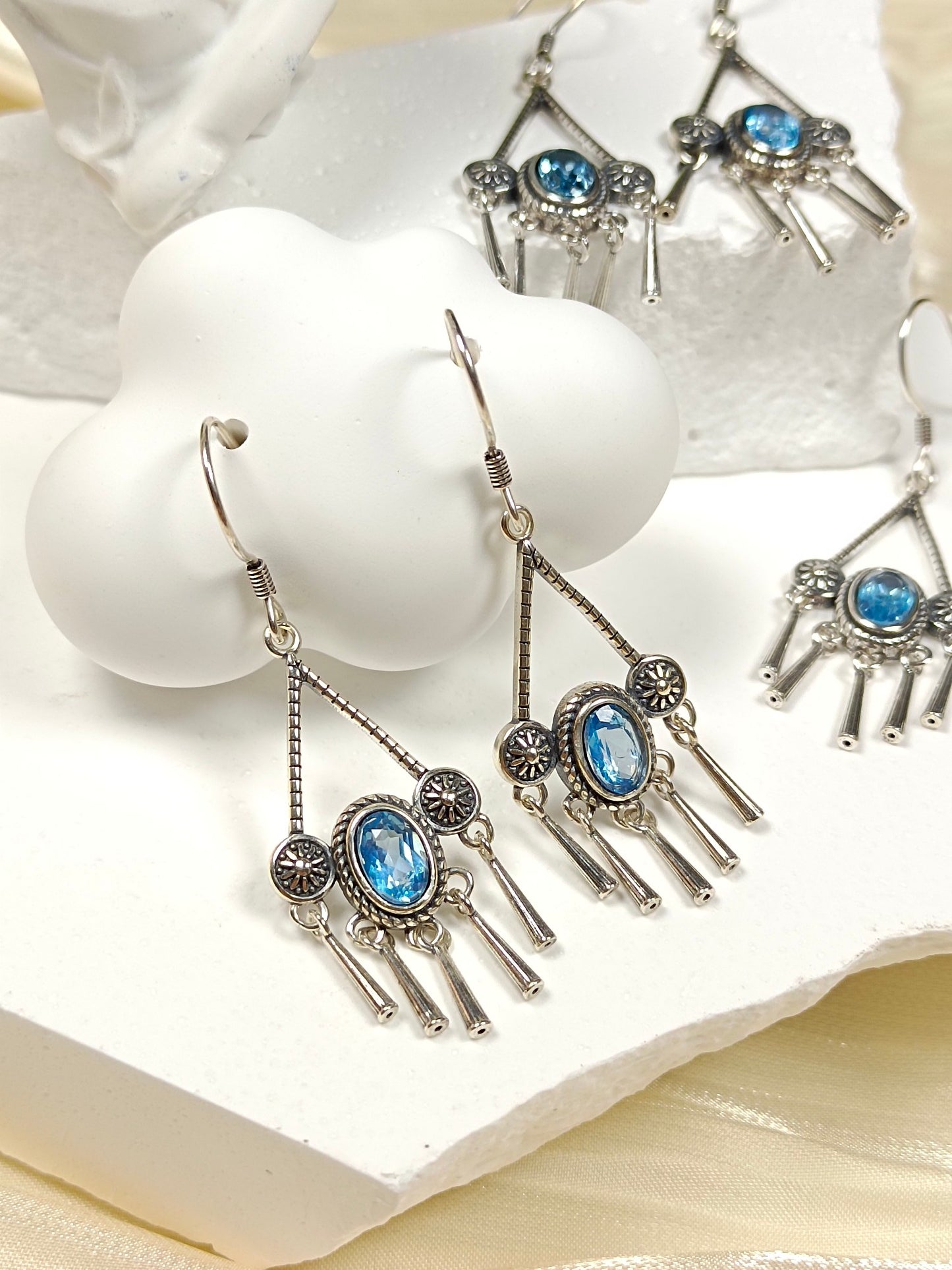 S925 Silver Embedded Topaz Tassel Earrings with Vintage Charm