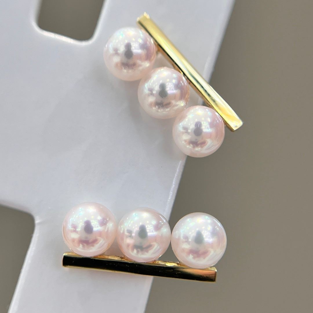 Eve-inspired Earrings: Three-Pearl Single Row Line Studs in 18K Gold