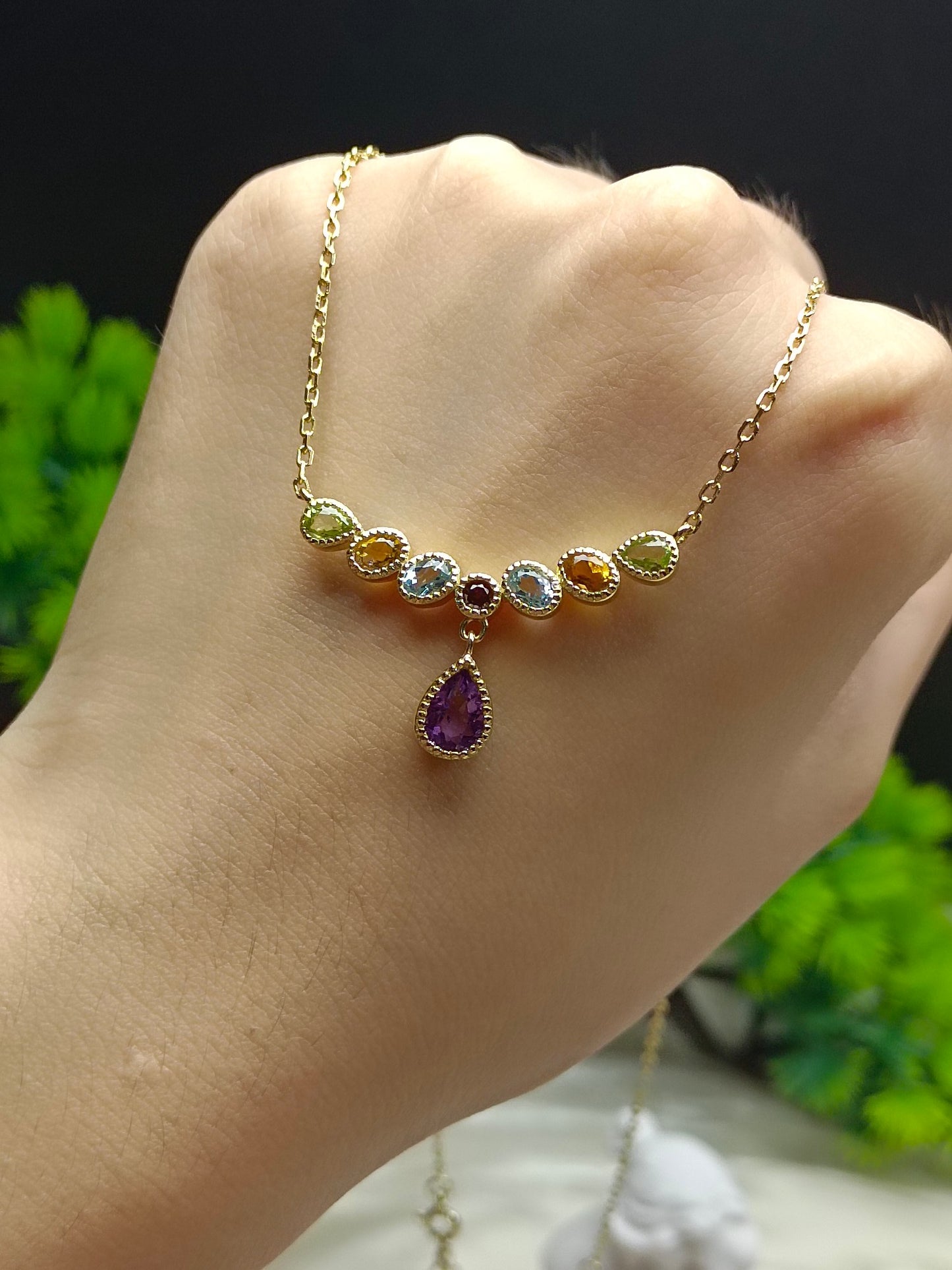 Elegant S925 Sterling Silver Amethyst Drop Multistone Necklace with 18K Gold Embedding - Unique Jewelry