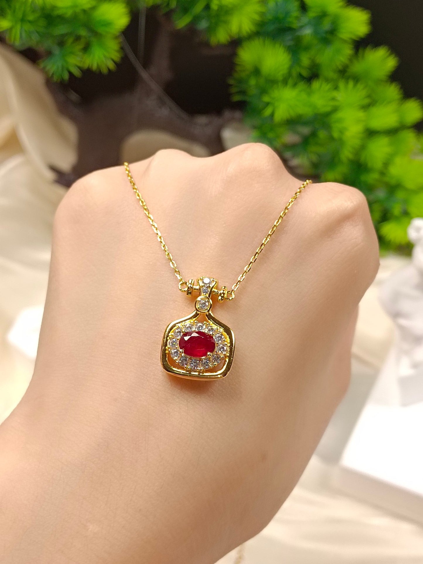 S925 Sterling Silver Intricate "Perfume Bottle" Ruby Pendant Necklace - Elegant Jewelry