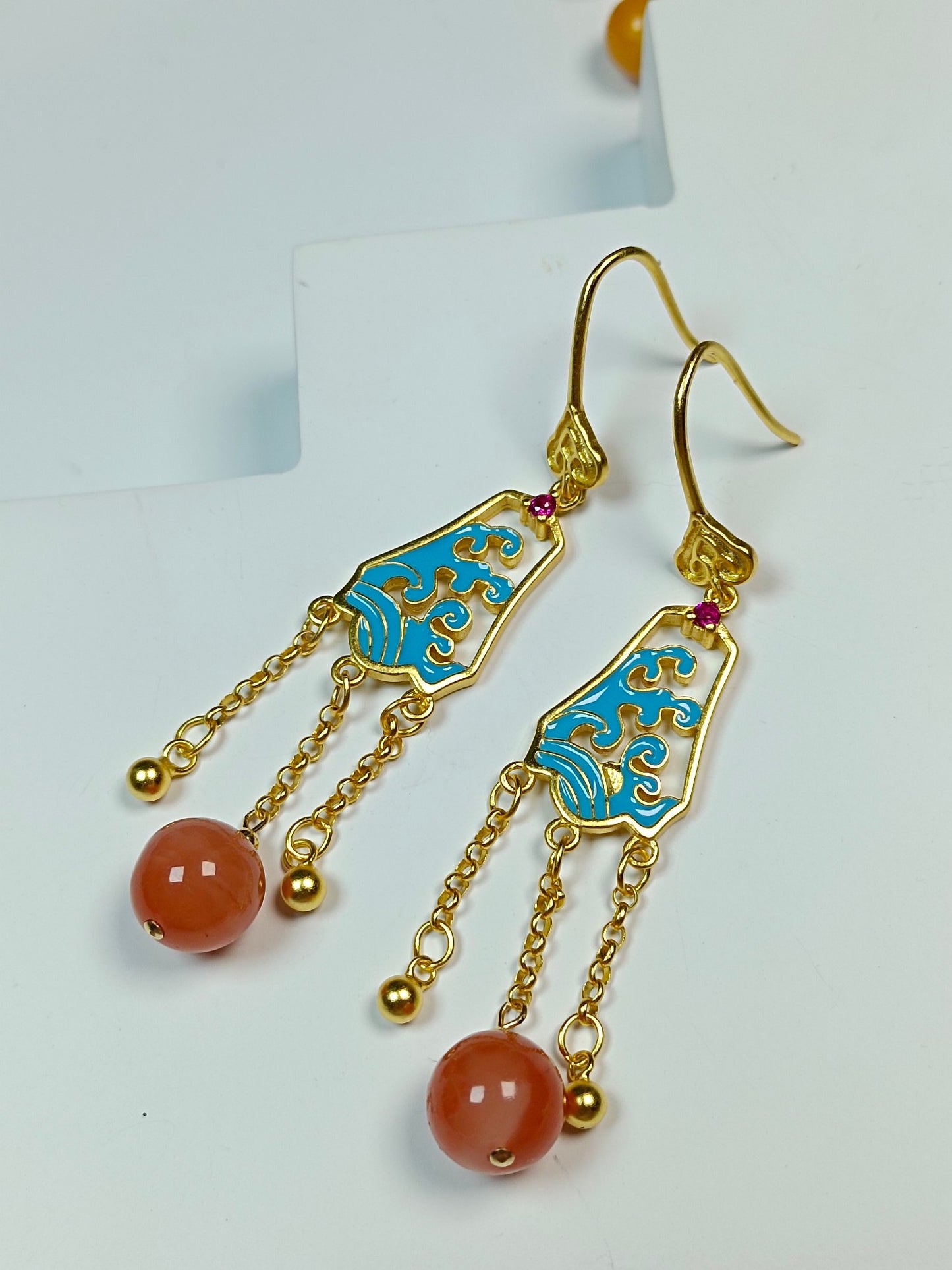 Elegant Natural South Red Agate Earrings with S925 Silver and Cloisonne, Chinese Ethnic Style Jewelry